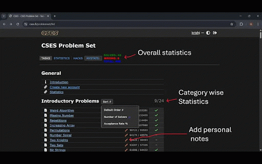 CSES EXTENSION :: Enhance your CSES experience with notes, tags, stats, and automation tools.