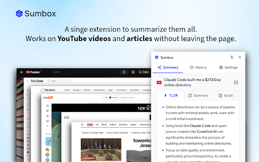 Sumbox - YouTube & web summarizer :: Summarize YouTube videos and articles with one click. Get TL;DR, detailed summaries, and full transcripts.
