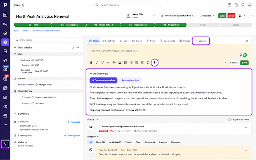 Pipecraft: AI Assistant for Pipedrive :: AI overviews, web research, Capture, Smart Filter, Workspace Health, reports and voice notes for Pipedrive. Bring your own AI key.