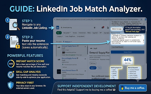 LinkedIn Job Match Analyzer :: Match your resume to LinkedIn job descriptions with match scores, skills gap analysis & ATS tips