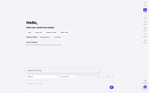 CodeCoach – AI LeetCode Interview Coach :: AI coding interview coach for LeetCode and Programmers with progressive hints, debugging, code review, and weakness tracking.