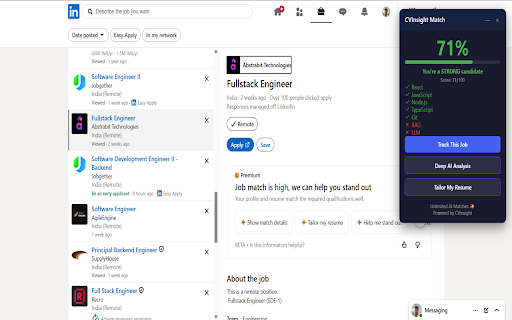 CVInsight - Job Match Score :: Instantly see how your resume matches any job on LinkedIn, Naukri, Indeed & more. Track applications in one click.