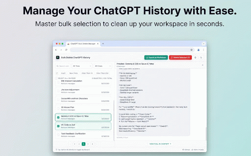 Bulk Delete ChatGPT History & Chat Cleaner :: Bulk delete ChatGPT history, search chats, clear old conversations, and export to Markdown instantly for free.