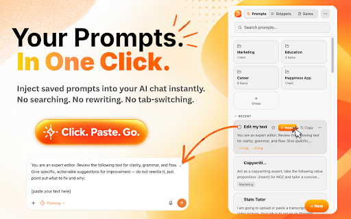 PromptGo :: Save, organize, and reuse your best AI prompts and chat snippets. Works on ChatGPT, Claude, Gemini, and Perplexity.