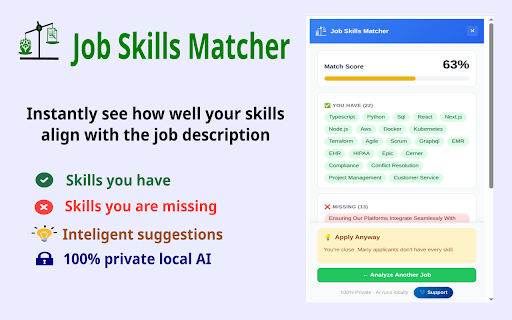 Job Skills Matcher - AI Resume Scanner :: 100% Private AI resume checker. Upload your CV and paste a job description to see your ATS match score and missing skills.
