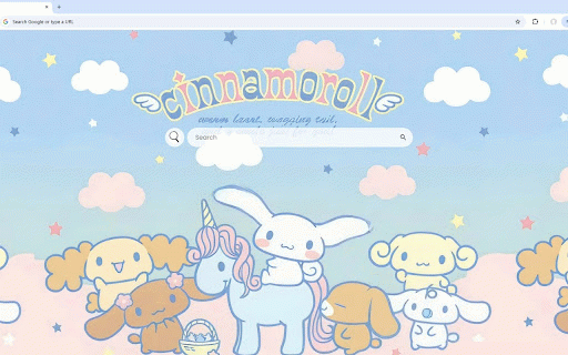 Cinnamoroll Clouds Live Wallpaper :: Cinnamoroll riding blue unicorn with puppy friends against dreamy sky with fluffy clouds and stars.