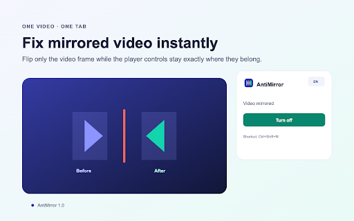 AntiMirror — Video Flip :: Flip one mirrored video horizontally in the current tab — manually, privately, and without changing player controls.