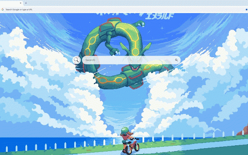 Pokemon Emerald Title Screen Pixel Live Wallpaper :: Legendary Rayquaza soaring through clouds above trainer on bike in nostalgic Pokemon Emerald pixel art.