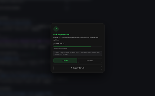 Clikk :: Checks links for safety before you visit them — on-device AI plus URLhaus, OpenPhish and ThreatFox blocklists. Private by design.