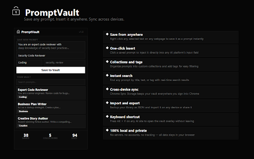 PromptVault :: Save, organize, and instantly insert prompts into any AI platform. Sync across devices with one click.