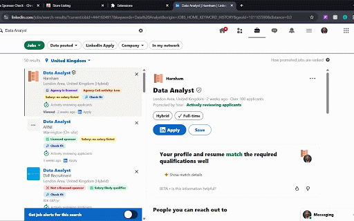 VisaAtlas Sponsor Check :: Labels jobs on LinkedIn, Indeed, Reed, Totaljobs and CV-Library with UK sponsor-licence, CoS-activity and salary badges.