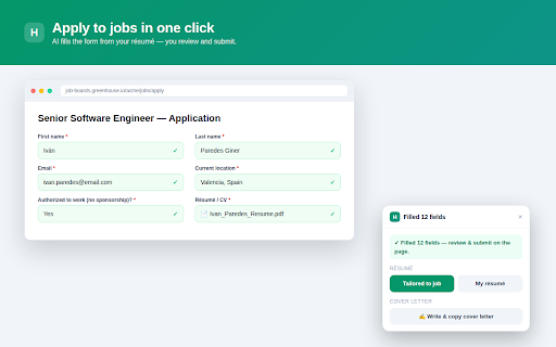 HireMindPro Job Apply Helper :: Auto-fill job applications with AI from your HireMindPro résumé — fields and résumé upload. You review the real form and submit.
