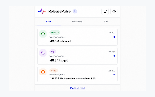 ReleasePulse :: Subscribe to software release notifications (GitHub releases, tags, issues)