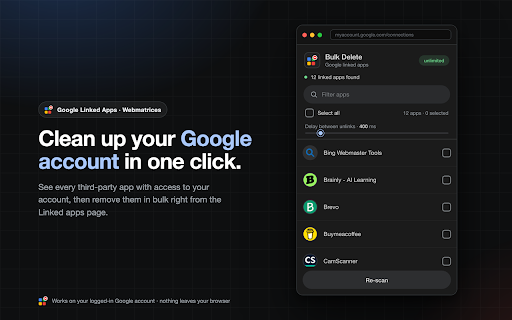 Google Linked Apps Bulk Delete & Cleanup :: Bulk-delete the third-party apps linked to your Google Account. See every connected app, select, and remove access in one click.