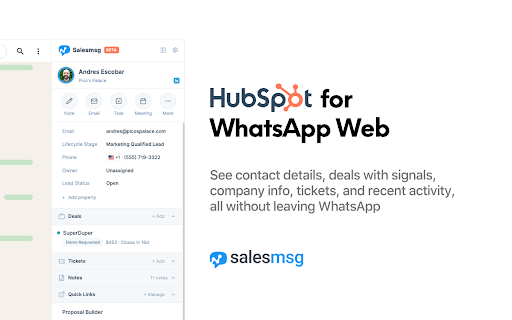 WhatsApp for HubSpot by Salesmsg :: See your HubSpot contacts inside every WhatsApp conversation.