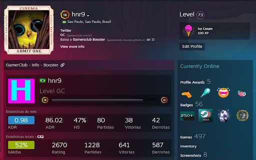 GamersClub Info Steam :: Extensão do chrome para mostrar o level da GC e um link para o perfil.