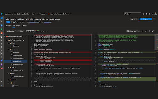 VS Dark Theme for Azure DevOps :: Restyles code in Azure DevOps to match the Visual Studio dark theme, using the same syntax colors and editor font.