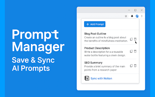 Prompt Manager :: ChatGPT Prompt Manager: Save, tag & reuse AI prompts from any site. Right-click to add, organize by category.