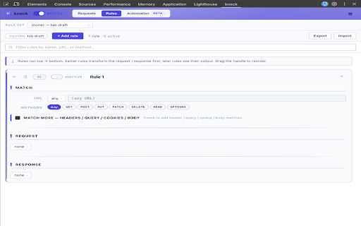 knock :: Intercept, modify, or pause fetch/XHR in any page. Rule-based response overrides, cookie injection, and in-page live editing.