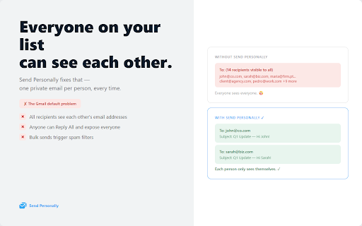 Send Personally for Gmail :: Send emails one-by-one to each recipient with privacy and smart pacing. No one sees the other recipients. By Criativatek.com