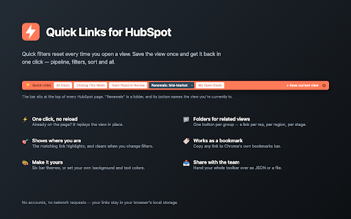 Quick Links for HubSpot :: Save any HubSpot view's pipeline and quick filters as one-click quick links on a toolbar.
