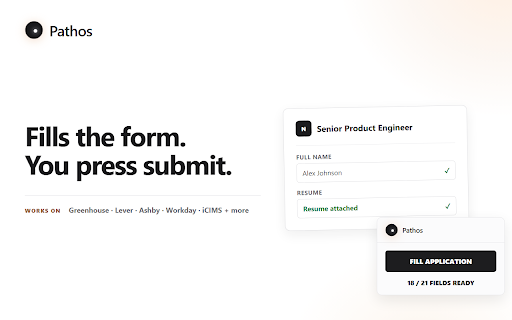Pathos - Autofill job applications, attach resumes & track :: Autofill applications, attach tailored resumes, draft supported answers, and track each job. You always review and submit.