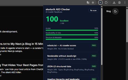 alexturik AEO Checker :: Audit your page for AI crawlers. Every failed check links to a deep-dive explanation. By alexturik.com.