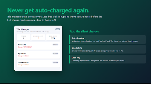 Trial Manager - SaaS Subscription Audit :: Track every SaaS free trial and subscription. Alerts before they auto-charge. Free tier 5 trials, Pro tier unlimited. By Auburn AI.
