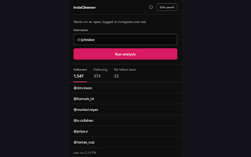 InstaCleanser :: See who does not follow you back and manage follows using your Instagram session in the browser.