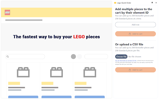 Lego Quick Order :: Instantly add pieces to your LEGO cart by entering IDs and quantities, or upload a CSV and save time when shopping.