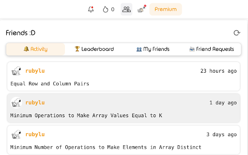 LeetCode Friends :: LeetCode Friends lets you track friends' LeetCode progress in a glance, right from within leetcode.com.