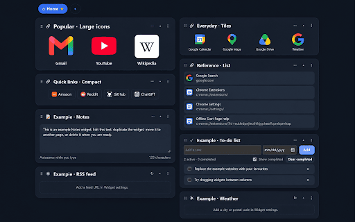 Offline Start Page - Private New Tab :: Offline-first private new-tab dashboard with customizable pages, widgets, local backups, import/export, and optional Chrome Sync.