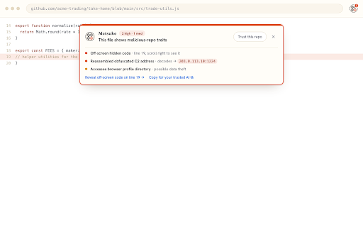 目付 Metsuke - Interview Guard :: Detects fake-interview malicious-repo traits when you open the GitHub/GitLab/Bitbucket.