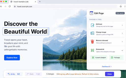 Edit Page - Webpage Editor & Full Page Screenshot :: Edit webpage text, replace images, remove elements, and capture the current view or a full-page screenshot.
