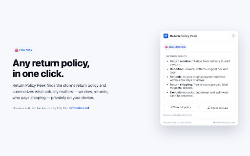 Return Policy Peek :: See any store's return policy in one click, summarized on-device. No login, nothing leaves your browser.