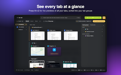 Tabatha: Visual Tab Switcher with Live Previews :: Alt+Tab for Chrome tabs: live previews, instant search and recently closed tabs. Free, private, nothing leaves your computer.