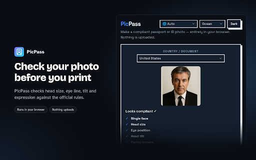 Passport Photo Maker — ID Photos | PicPass :: Make a compliant passport or ID photo right in your browser. No uploads, no watermark, no sign-up.