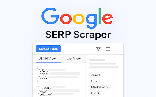 Google SERP Scrapper :: Scrape Google SERPs manually with ease. View, filter, preview, and export results in JSON, CSV, Markdown, or plain URLs.