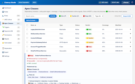 Salesforce Org Cleanup Assistant :: Tells you which Salesforce fields, flows, LWC, Apex & triggers are safe to delete. 100% local — no external servers.