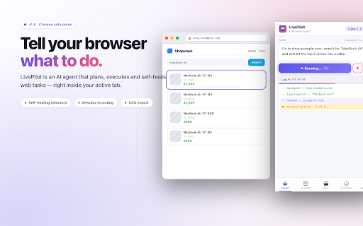 LivePilot — AI Browser Automation & Documentation :: AI browser automation agent — automate tasks, record sessions, extract data, and auto-generate step-by-step docs with screenshots.