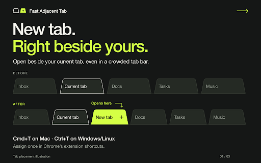 Fast Adjacent Tab :: Open a new tab immediately to the right of the current tab.