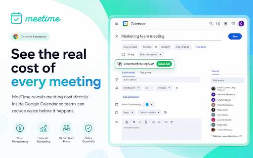 MeeTime - Meeting Cost Tracker :: Track meeting costs and analyze productivity with MeeTime integration for Google Calendar
