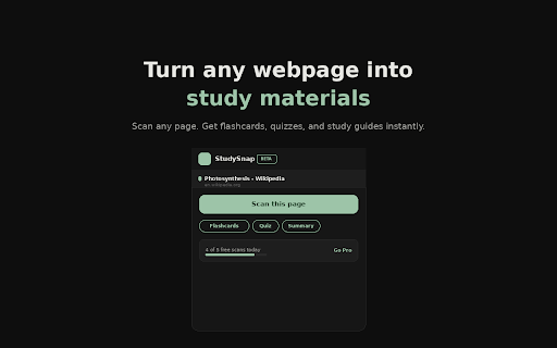 StudySnap — AI Study Guide Generator :: Scan any webpage and instantly generate flashcards, quizzes, and study guides using AI.