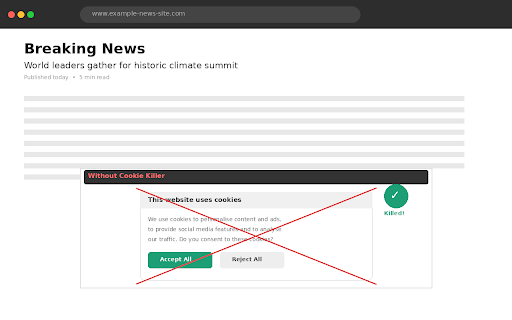 Cookie Killer :: Automatically rejects cookie consent popups on every website. No tracking. No data collection. Just clean browsing.