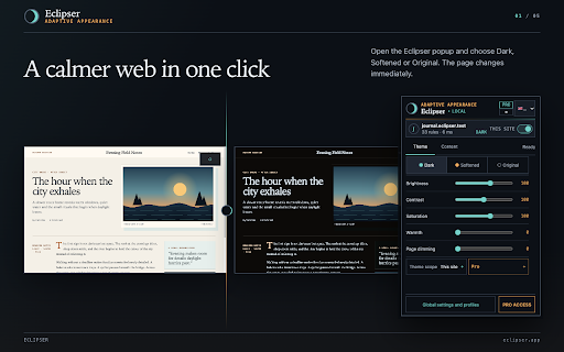 Eclipser — Dark Mode & Night Theme with Photo and Video Dimming :: Dims photos and video up to 80%, not just text. Dark mode, softened or original per site; text size 75-200%, saved per site.
