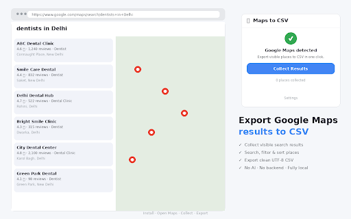 Maps to CSV :: Export Google Maps search results visible on the page to a clean CSV file — no AI, no backend, fully local.