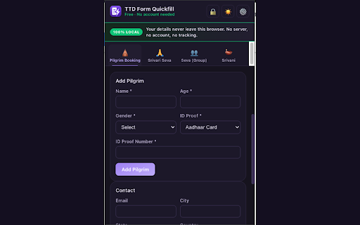 TTD Auto Fill – Form Quickfill :: TTD form fill for saved pilgrim details. One click fills, continues and opens payment on supported booking pages.