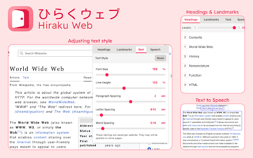 Hiraku Web :: A browser extension to make web reading easier. You can display a table of contents, change text size, and have text read aloud.