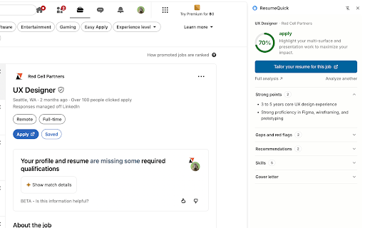 ResumeQuick :: See how your resume fits any job, then fill the application form with your own details, right in the side panel.