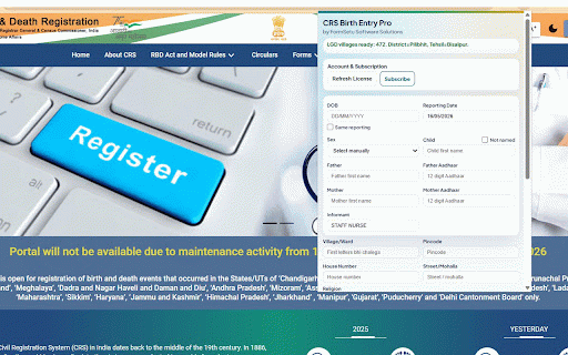 Entrixa Fast :: Entrixa Fast is a CRS birth registration autofill and bulk entry assistant by FormSetu Software Solutions.
